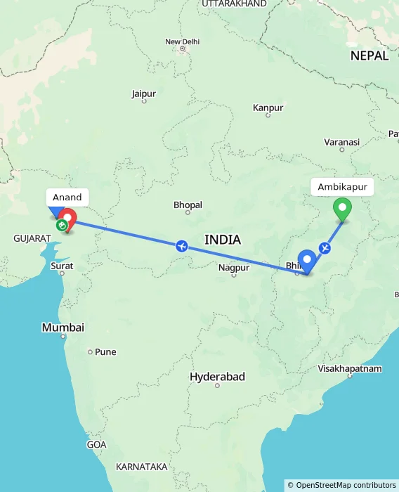 Route map showing distance and travel time from Ambikapur, India to Anand, India