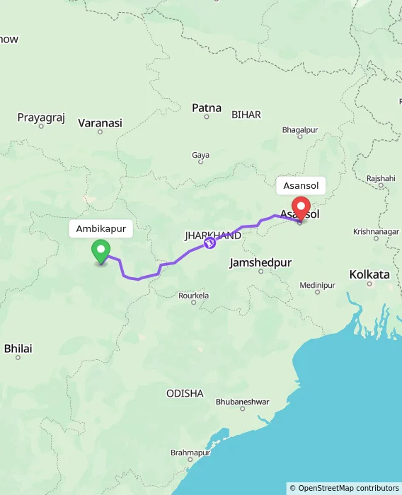 Route map showing distance and travel time from Ambikapur, India to Asansol, India