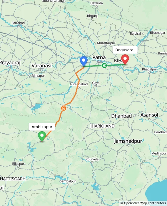 Route map showing distance and travel time from Ambikapur, India to Begusarai, India