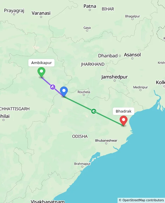 Route map showing distance and travel time from Ambikapur, India to Bhadrak, India
