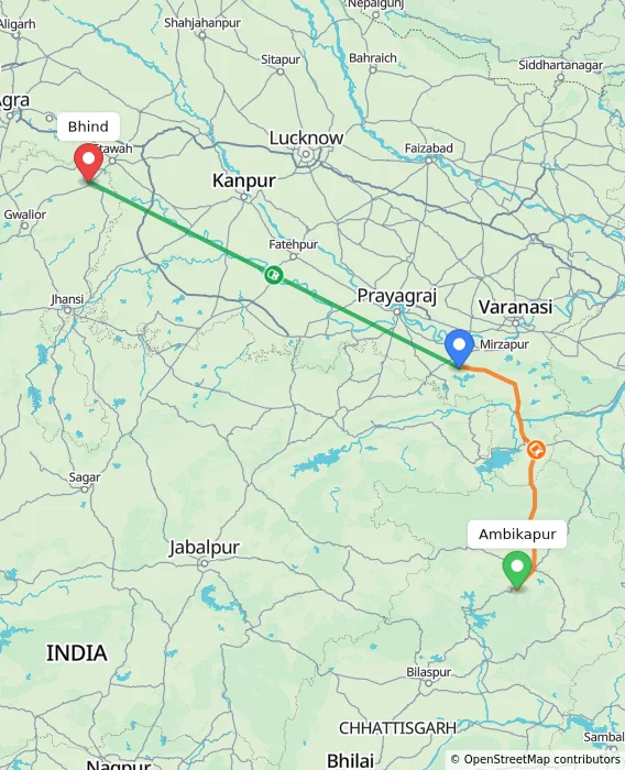 Route map showing distance and travel time from Ambikapur, India to Bhind, India