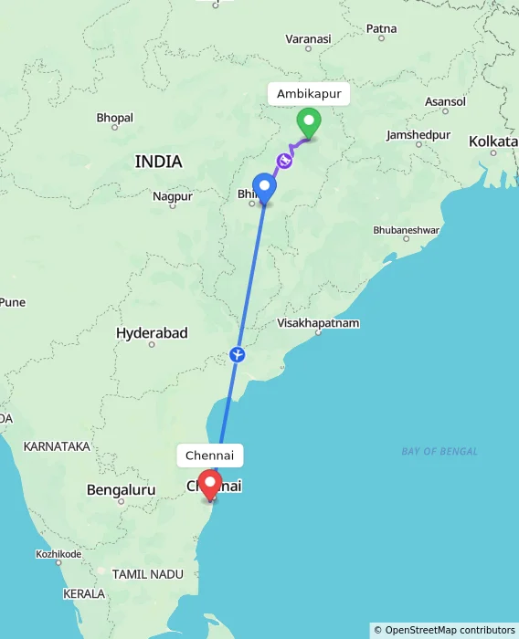 Route map showing distance and travel time from Ambikapur, India to Chennai, India