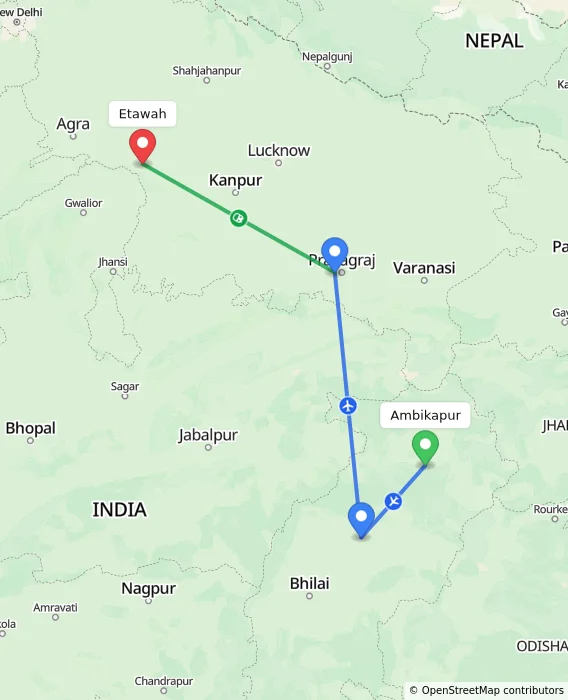 Route map showing distance and travel time from Ambikapur, India to Etawah, India