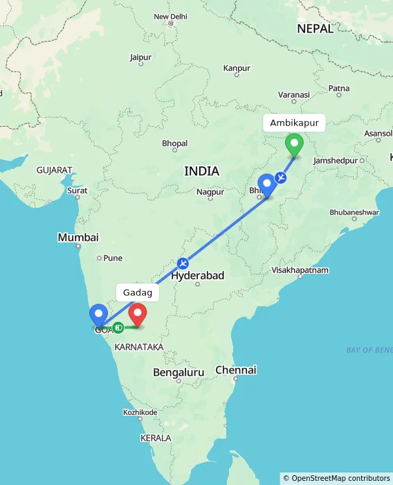 Route map showing distance and travel time from Ambikapur, India to Gadag, India