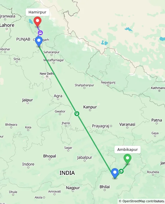 Route map showing distance and travel time from Ambikapur, India to Hamirpur, India