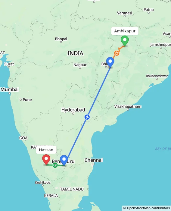 Route map showing distance and travel time from Ambikapur, India to Hassan, India