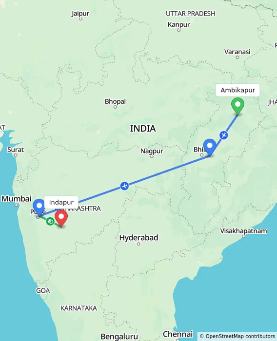 Route map showing distance and travel time from Ambikapur, India to Indapur, India