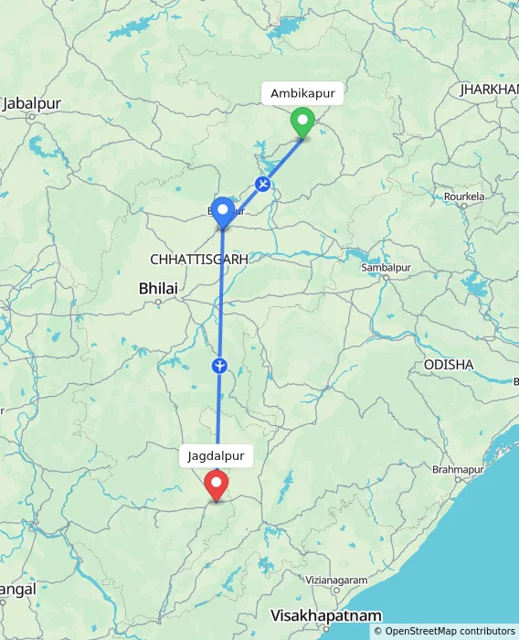 Route map showing distance and travel time from Ambikapur, India to Jagdalpur, India