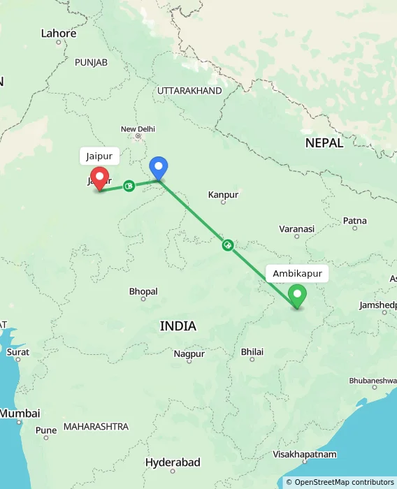 Route map showing distance and travel time from Ambikapur, India to Jaipur, India