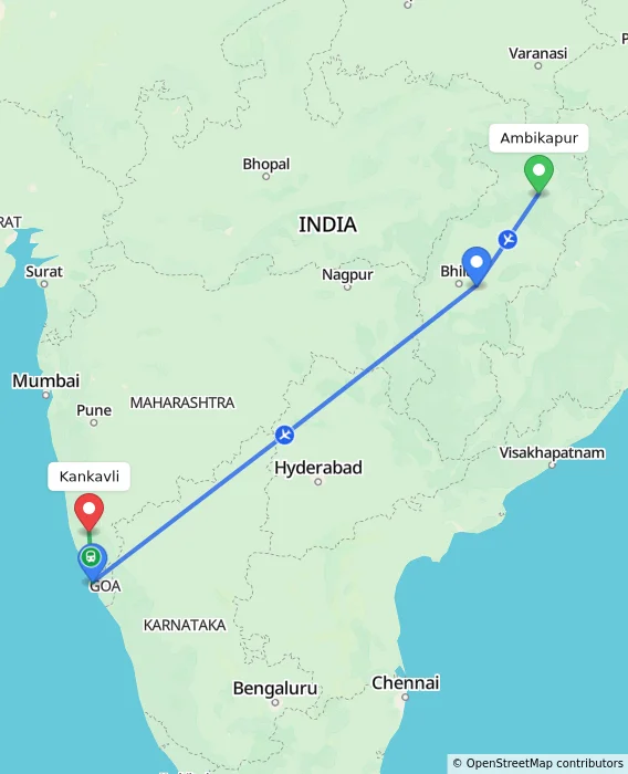 Route map showing distance and travel time from Ambikapur, India to Kankavli, India
