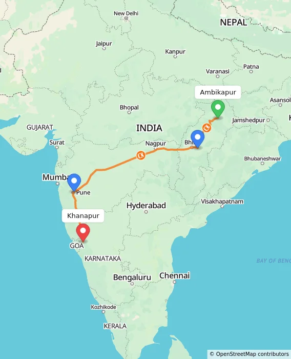 Route map showing distance and travel time from Ambikapur, India to Khanapur, India