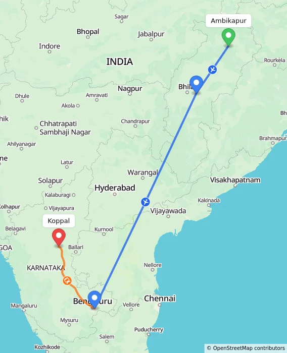 Route map showing distance and travel time from Ambikapur, India to Koppal, India
