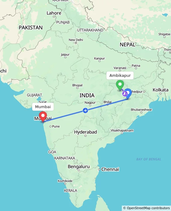 Route map showing distance and travel time from Ambikapur, India to Mumbai, India