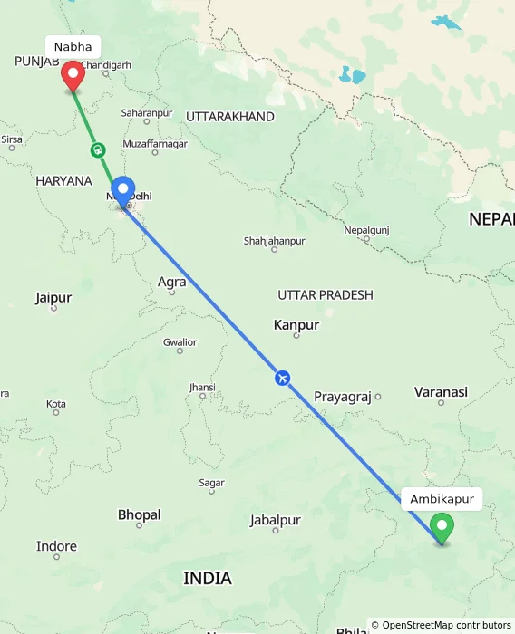 Route map showing distance and travel time from Ambikapur, India to Nabha, India