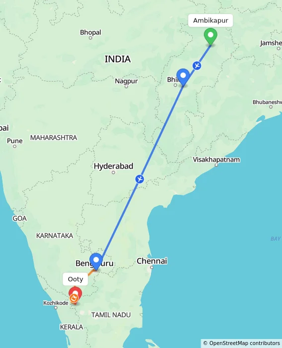 Route map showing distance and travel time from Ambikapur, India to Ooty, India