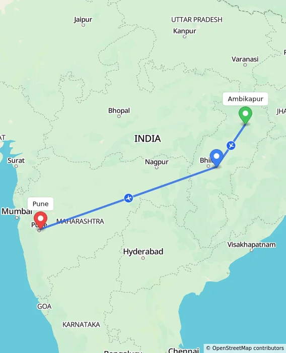 Route map showing distance and travel time from Ambikapur, India to Pune, India