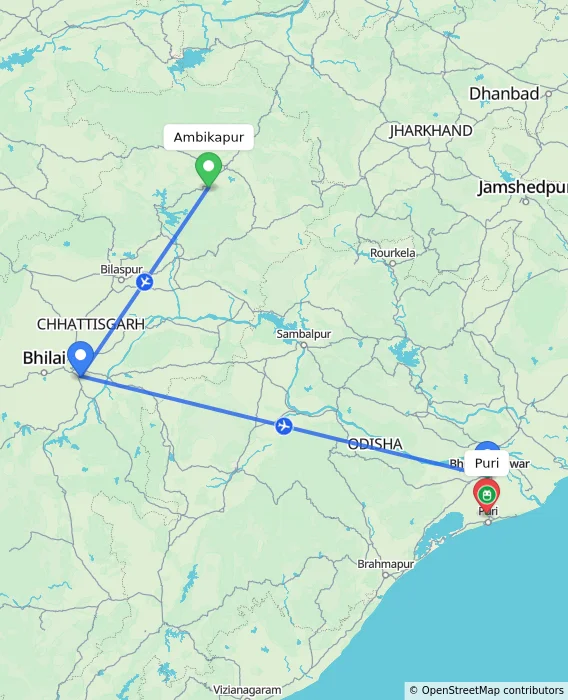 Route map showing distance and travel time from Ambikapur, India to Puri, India