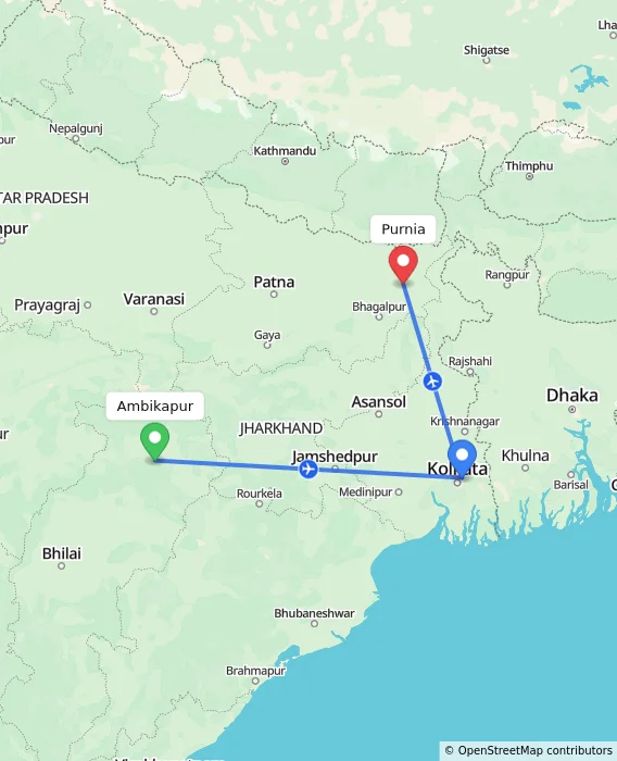 Route map showing distance and travel time from Ambikapur, India to Purnia, India