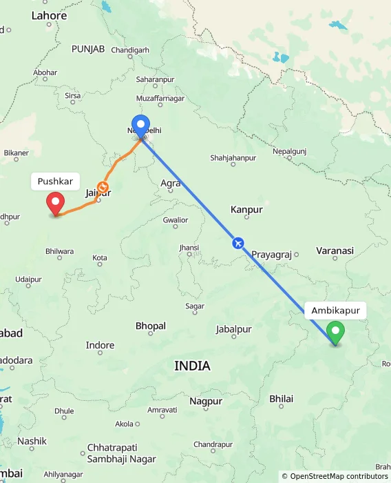 Route map showing distance and travel time from Ambikapur, India to Pushkar, India