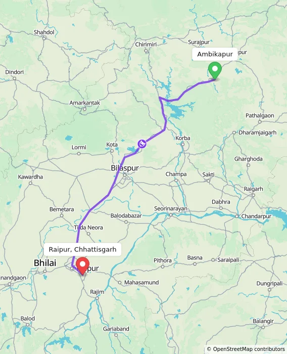 Route map showing distance and travel time from Ambikapur, India to Raipur, Chhattisgarh, India