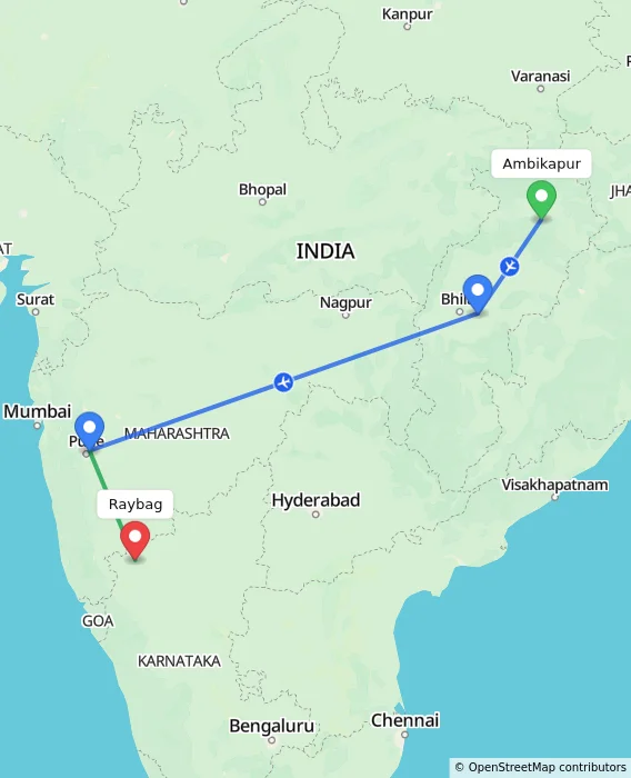 Route map showing distance and travel time from Ambikapur, India to Raybag, India