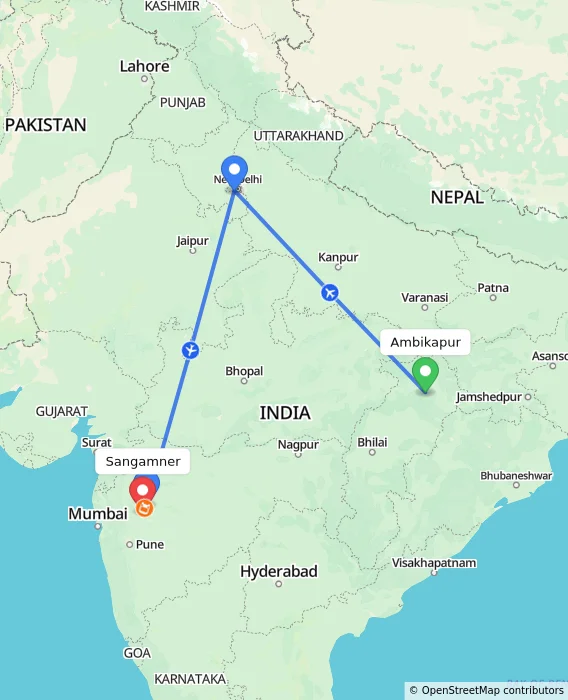 Route map showing distance and travel time from Ambikapur, India to Sangamner, India