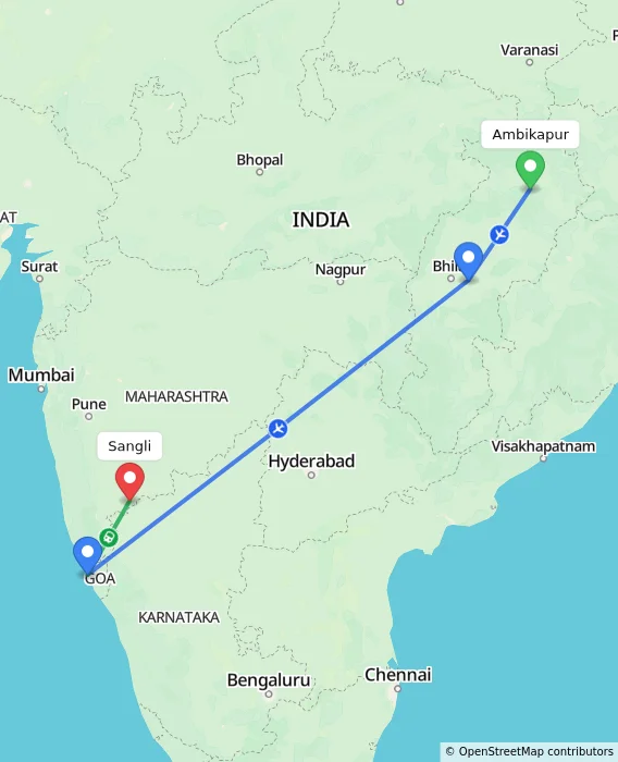 Route map showing distance and travel time from Ambikapur, India to Sangli, India