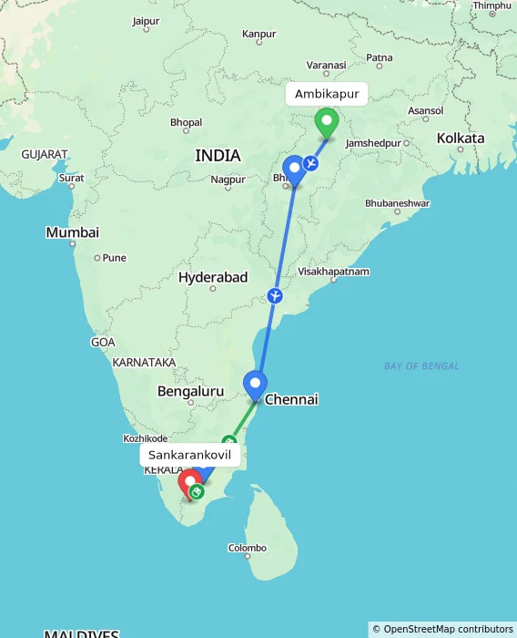Route map showing distance and travel time from Ambikapur, India to Sankarankovil, India