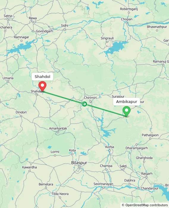 Route map showing distance and travel time from Ambikapur, India to Shahdol, India