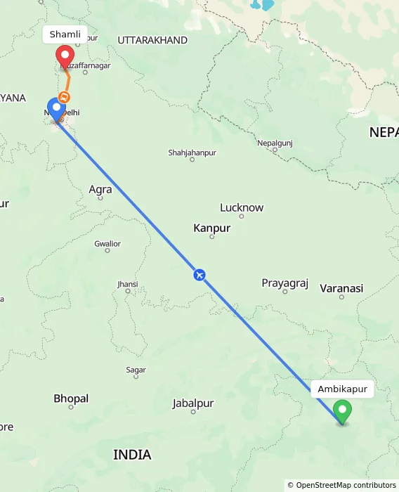 Route map showing distance and travel time from Ambikapur, India to Shamli, India