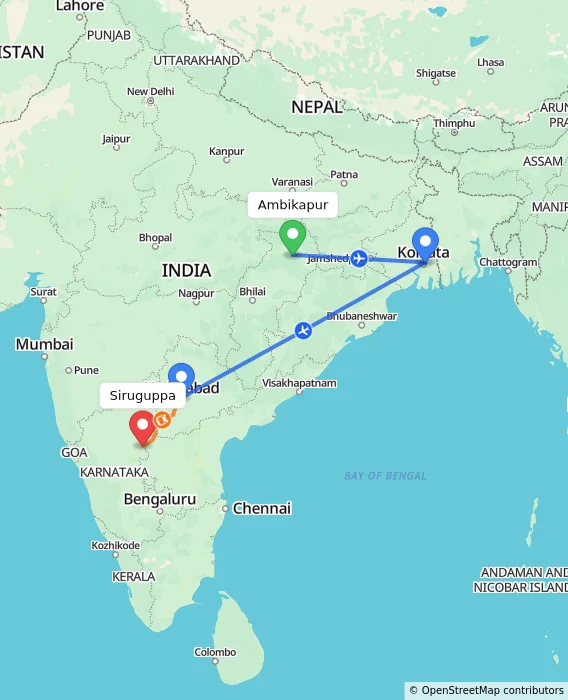 Route map showing distance and travel time from Ambikapur, India to Siruguppa, India
