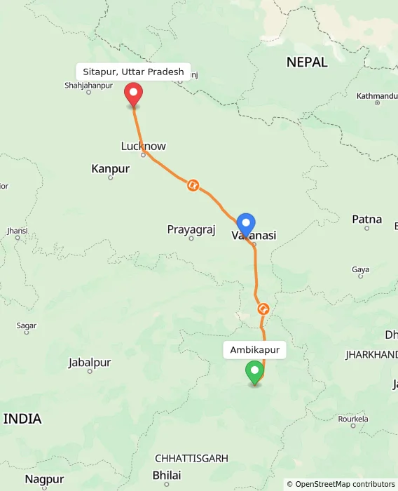 Route map showing distance and travel time from Ambikapur, India to Sitapur, Uttar Pradesh, India