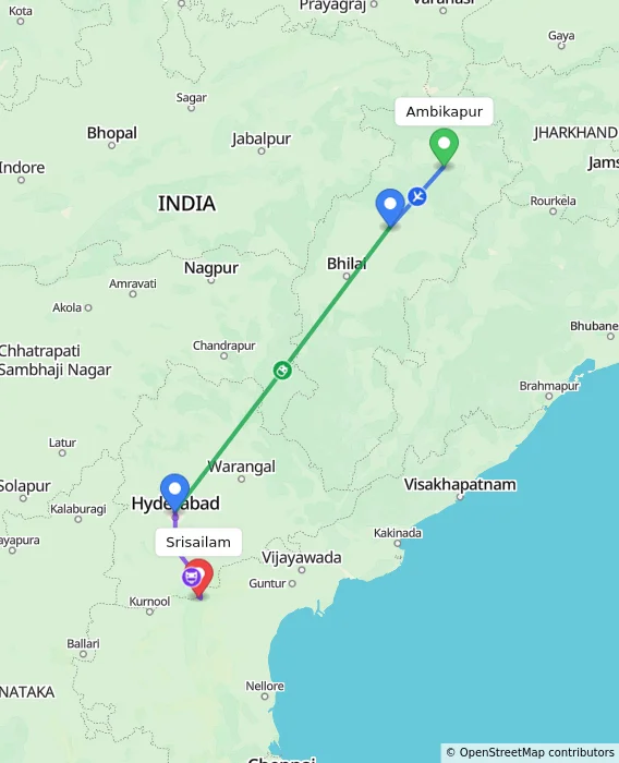 Route map showing distance and travel time from Ambikapur, India to Srisailam, India