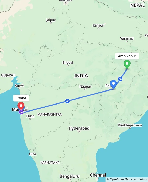 Route map showing distance and travel time from Ambikapur, India to Thane, India