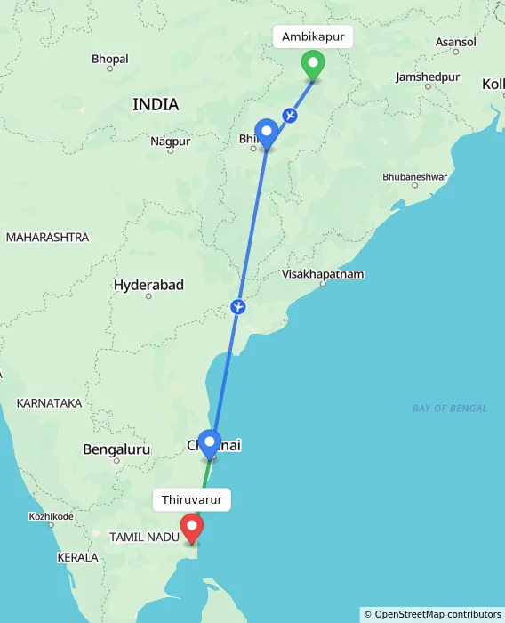 Route map showing distance and travel time from Ambikapur, India to Thiruvarur, India
