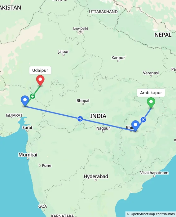 Route map showing distance and travel time from Ambikapur, India to Udaipur, India