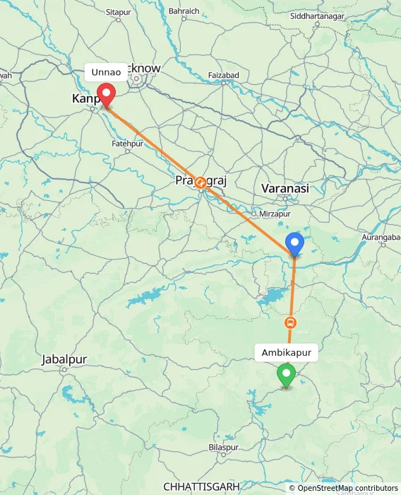 Route map showing distance and travel time from Ambikapur, India to Unnao, India
