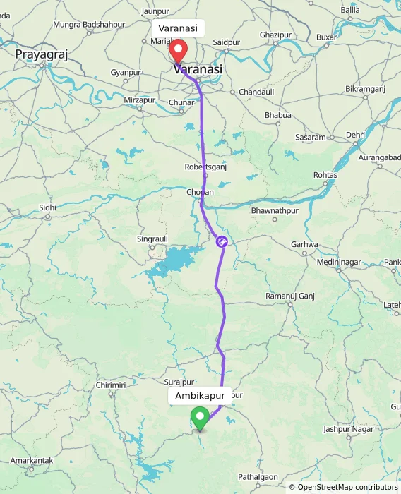 Route map showing distance and travel time from Ambikapur, India to Varanasi, India