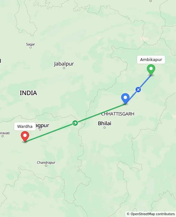 Route map showing distance and travel time from Ambikapur, India to Wardha, India