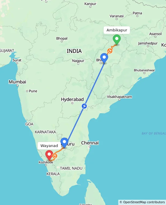 Route map showing distance and travel time from Ambikapur, India to Wayanad, India