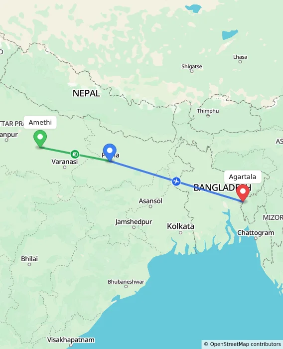 Route map showing distance and travel time from Amethi, India to Agartala, India