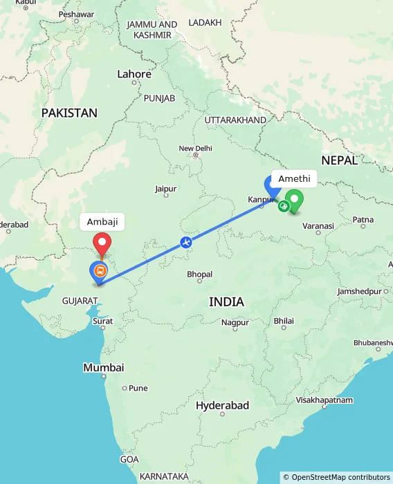 Route map showing distance and travel time from Amethi, India to Ambaji, India