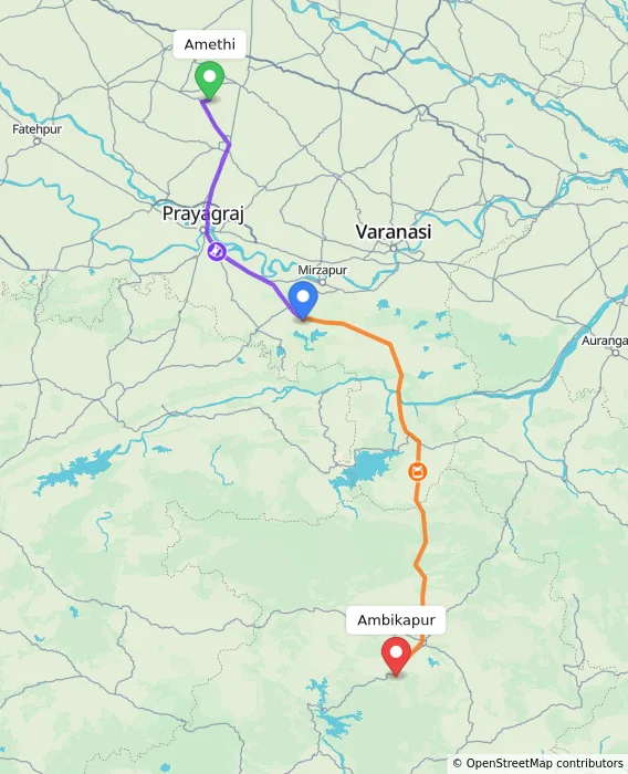 Route map showing distance and travel time from Amethi, India to Ambikapur, India