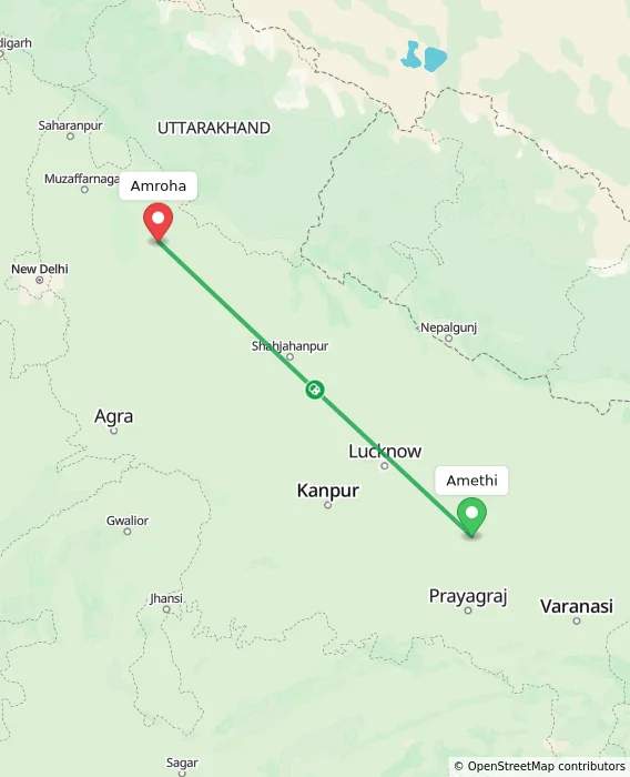 Route map showing distance and travel time from Amethi, India to Amroha, India