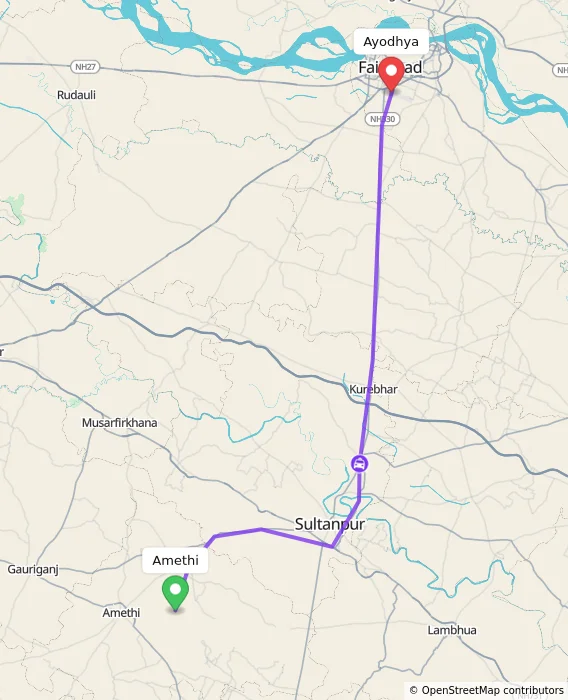 Route map showing distance and travel time from Amethi, India to Ayodhya, India