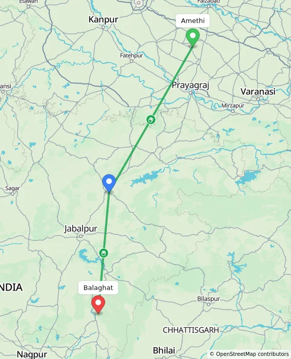 Route map showing distance and travel time from Amethi, India to Balaghat, India