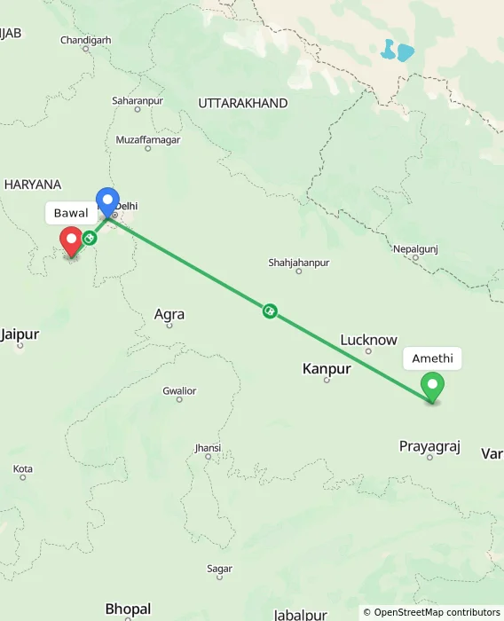 Route map showing distance and travel time from Amethi, India to Bawal, India