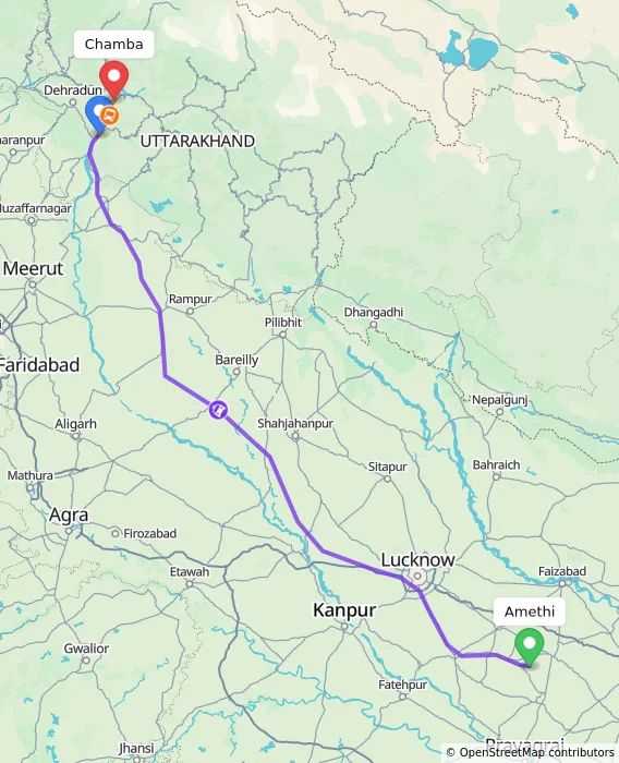 Route map showing distance and travel time from Amethi, India to Chamba, India