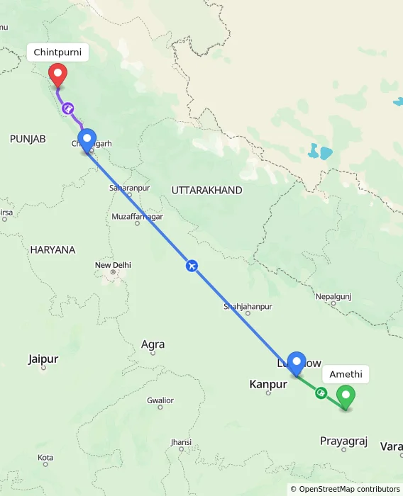 Route map showing distance and travel time from Amethi, India to Chintpurni, India