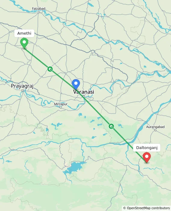 Route map showing distance and travel time from Amethi, India to Daltonganj, India